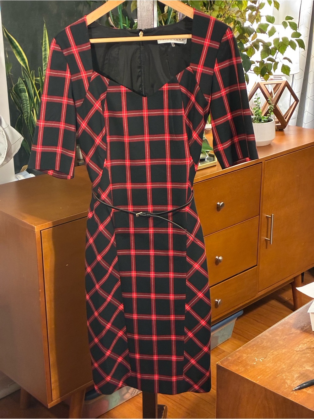 Trina Turk Black and Red Plaid Midi Sheath Dress